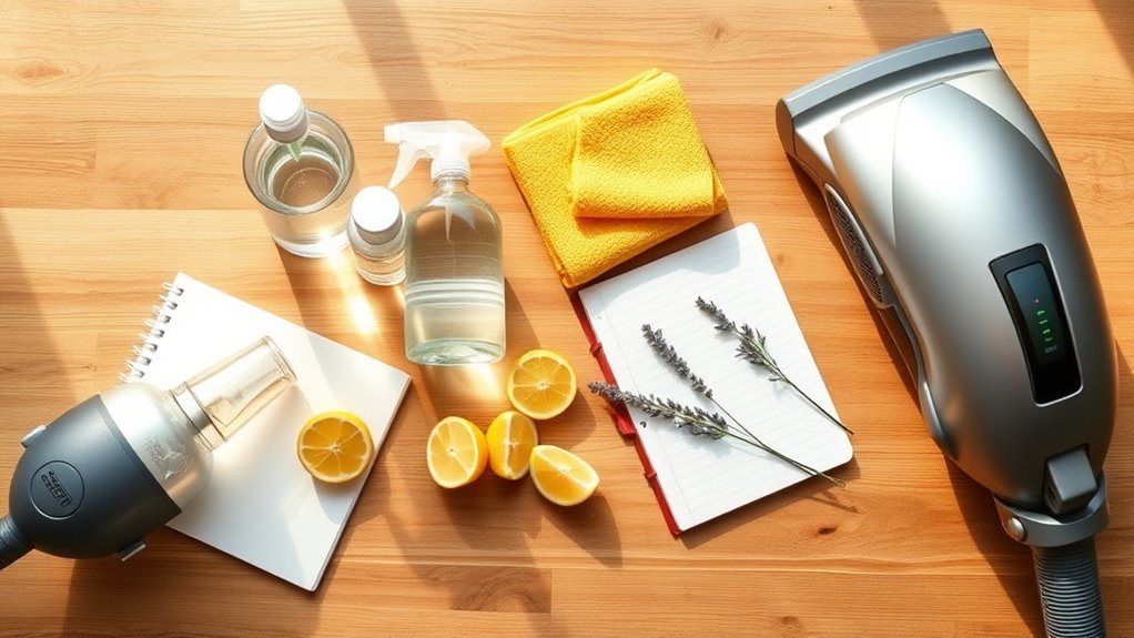 essential cleaning supplies gathered