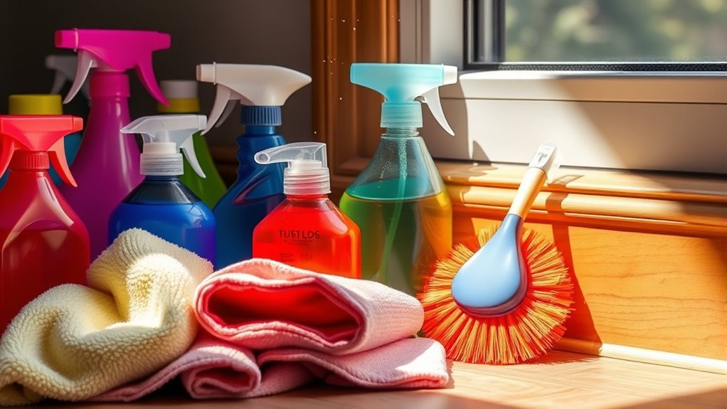 essential cleaning supplies gathered