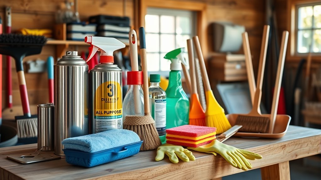 essential cleaning supplies gathered