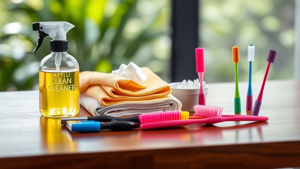 essential cleaning supplies gathered