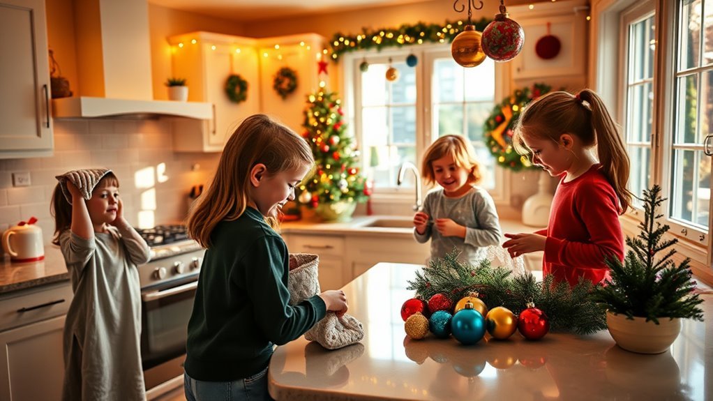 family teamwork in decorating