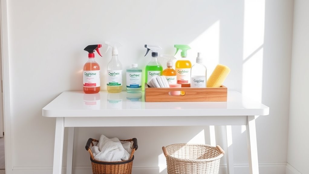 organized cleaning supply desk
