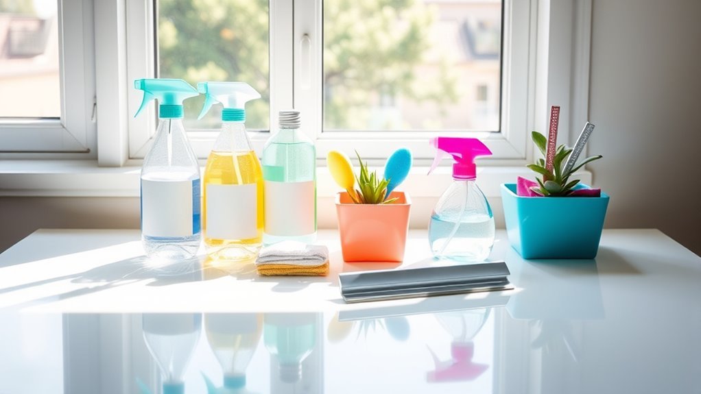 organized desk cleaning supplies