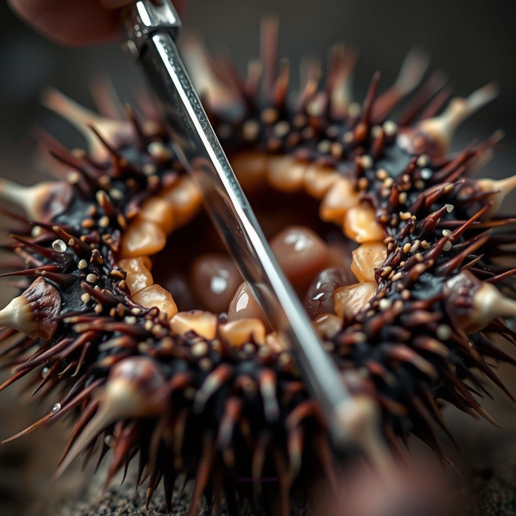 Cutting Open the Sea Urchin - how to clean sea urchin